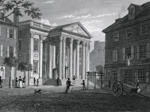 An old engraving by Fenner Sears & Co. shows pedestrians outside the First Bank of the United States - one of the first financial institutions on the other side of the pond